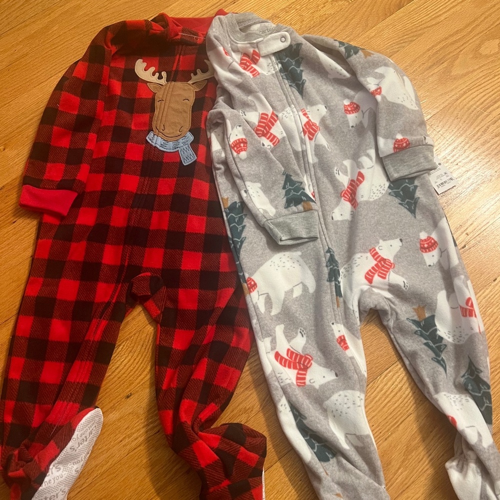 2 pair of one piece pajamas with feet holiday christmas polar bear moose plaid